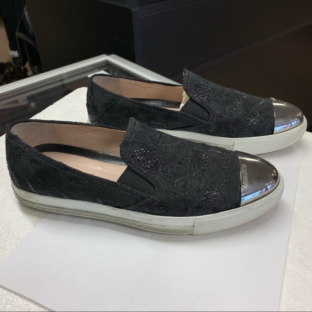 Miu Miu Black Flower Metal Cap Toe Slip On Loafers